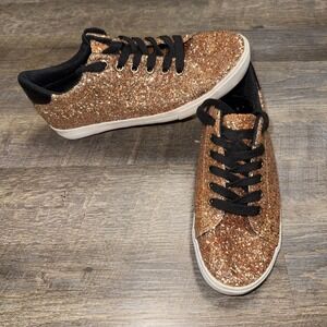 Ideal Shoes Womens Rose Gold Glitter Sneakers Low Top Lace Up Sparkly Shoes 10.5
